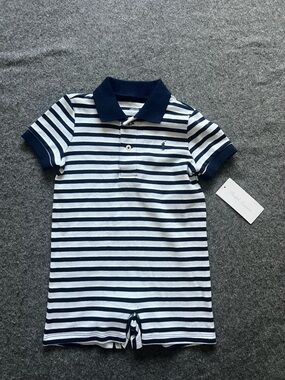 NWT Polo Ralph Lauren baby boy romper jumpsuit shortall size 18 mnsStriped Navy